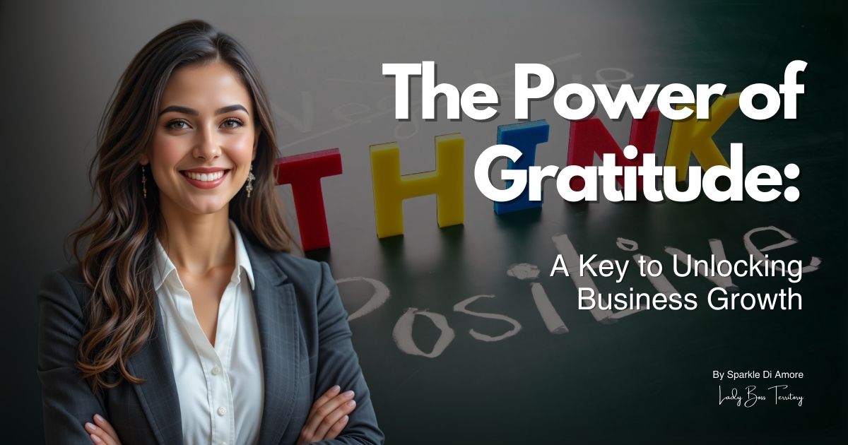 Smiling businesswoman in professional attire with 'Think Positive' message in the background, emphasizing gratitude for business success.