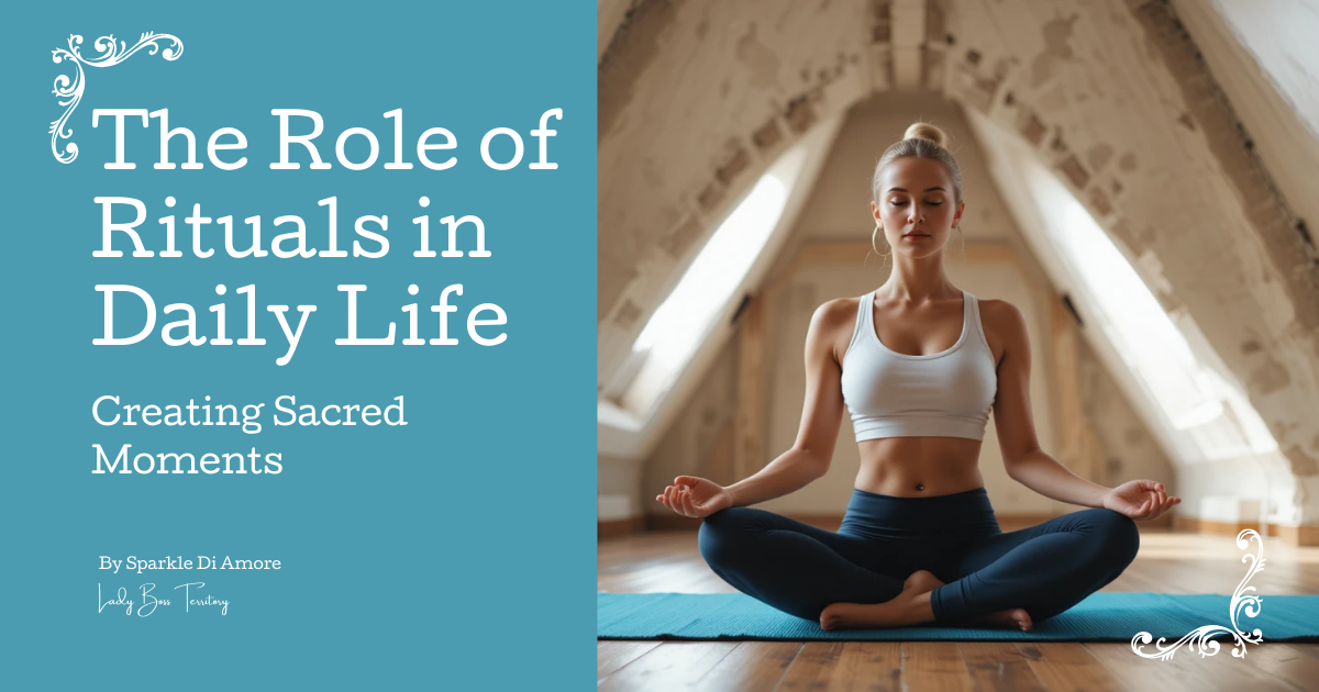 Woman meditating on a yoga mat in a peaceful attic space, representing daily rituals for mindfulness and self-care.