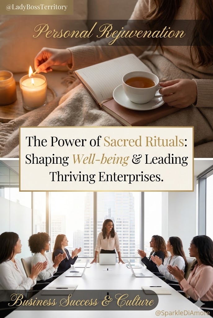 A female entrepreneur in a peaceful sunset setting, practicing a grounding ritual. Text overlay reads "Create Sacred Moments." This symbolizes the connection between personal well-being and business culture.