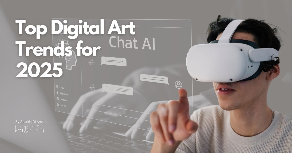 Man wearing a VR headset interacting with a virtual AI chat interface, representing top digital art trends for 2025.
