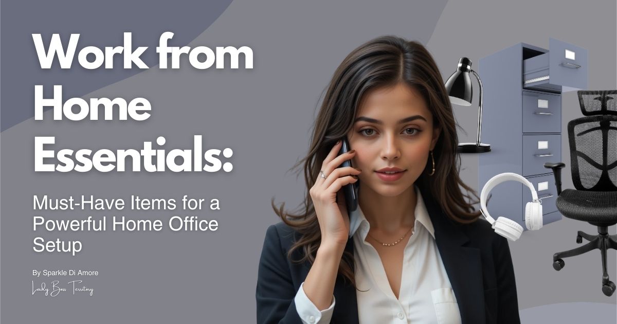Professional woman working from home with essential office items including a comfortable chair, storage cabinet, desk lamp, and headphones