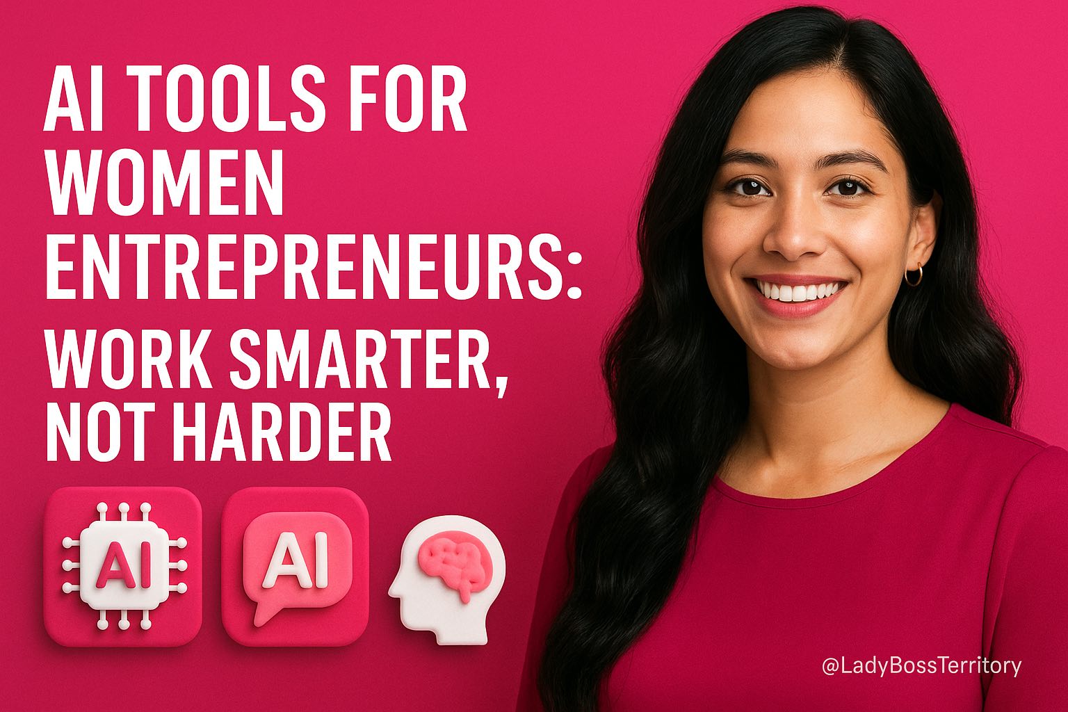 Woman entrepreneur working on laptop with AI tools interface overlay – AI tools for women entrepreneurs