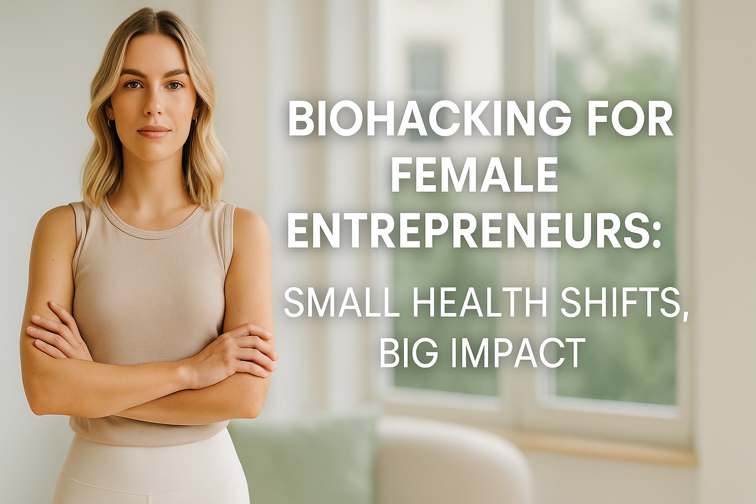 Chic female entrepreneur in beige wellness outfit with confident pose – Biohacking for Female Entrepreneurs: small health shifts, big impact.