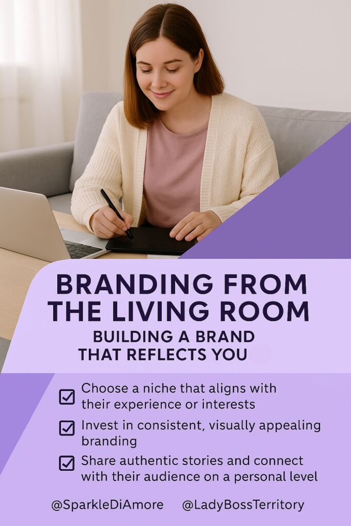 Mompreneur working on brand strategy from her living room using laptop and notepad