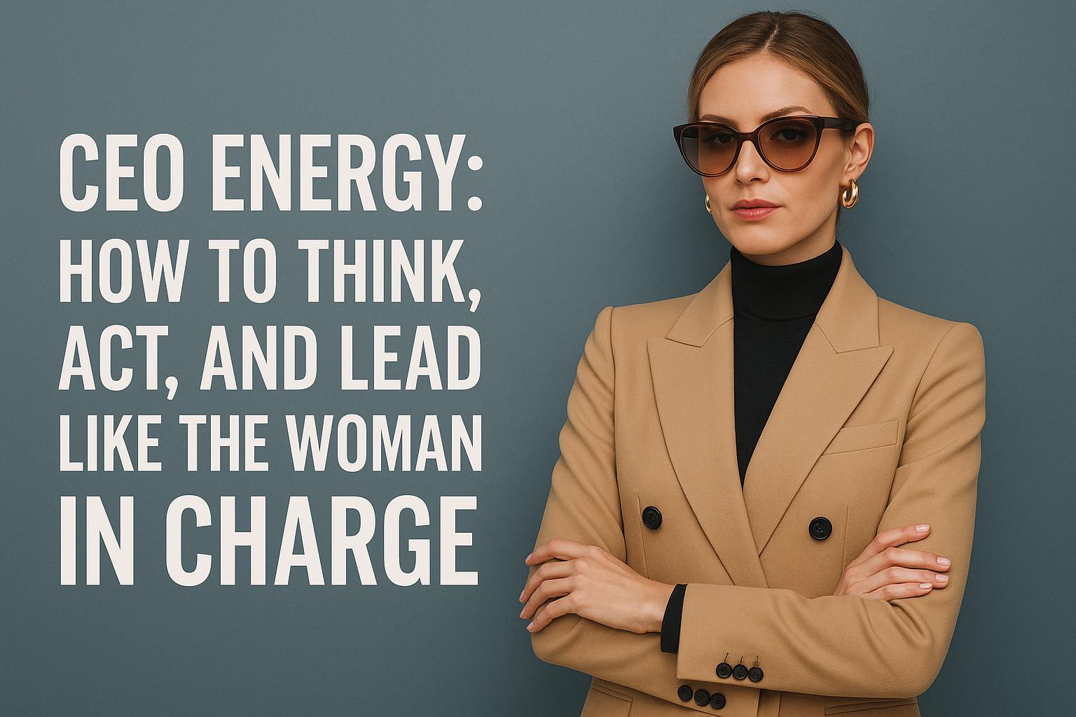 Confident female entrepreneur in sunglasses and camel blazer, representing CEO energy and female leadership.