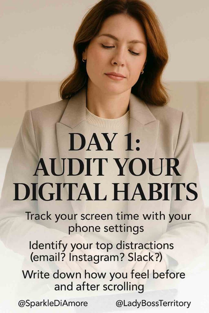 Mindful female entrepreneur reflecting on digital habits for day 1 of a 7-day digital detox challenge