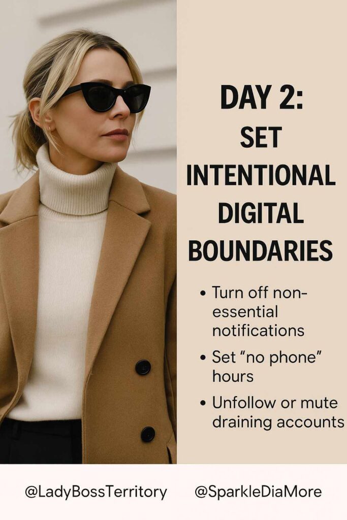 Stylish female entrepreneur in a tan coat and sunglasses, symbolizing intentional digital boundaries and a focused mindset