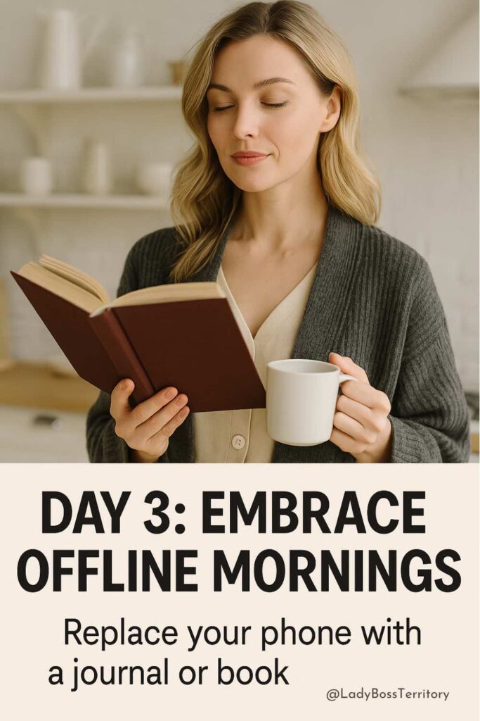 Peaceful female entrepreneur reading a book and holding a mug, symbolizing embracing offline mornings during a digital detox
