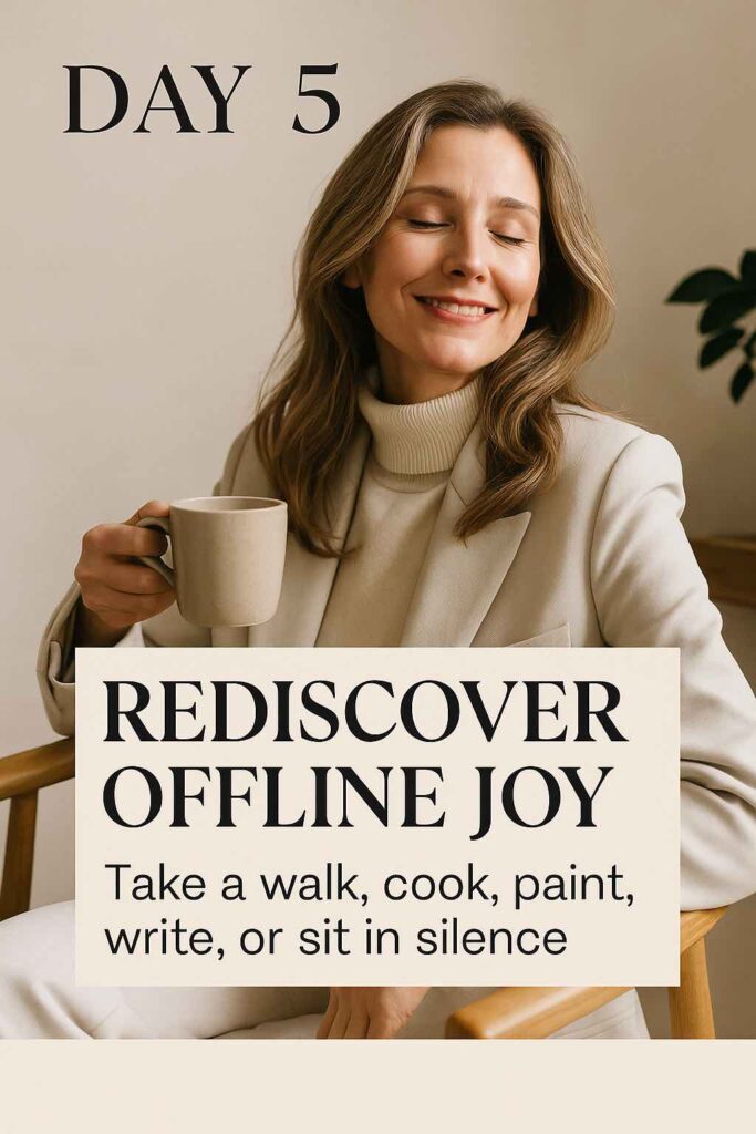Relaxed female entrepreneur smiling with a mug, symbolizing rediscovering joy through offline activities like walks, creativity, and silence