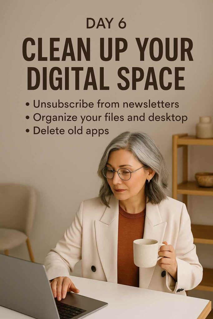 Focused female entrepreneur with a mug working on her laptop, symbolizing cleaning up digital space as part of a digital detox