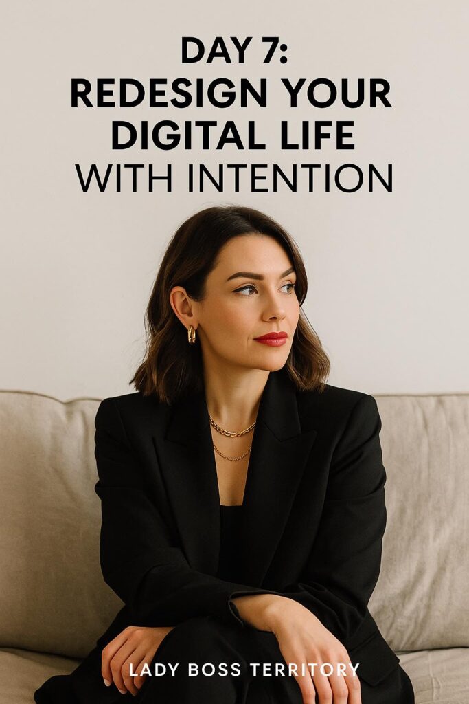 Elegant female entrepreneur in a black suit, symbolizing intentional redesign of digital life for focus and success