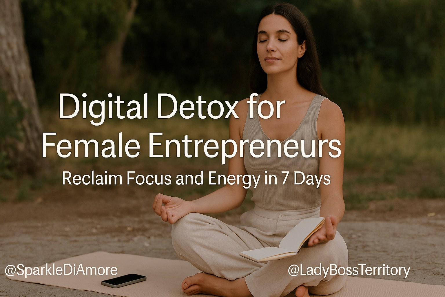 Calm female entrepreneur meditating outdoors, practicing digital detox to boost focus and energy
