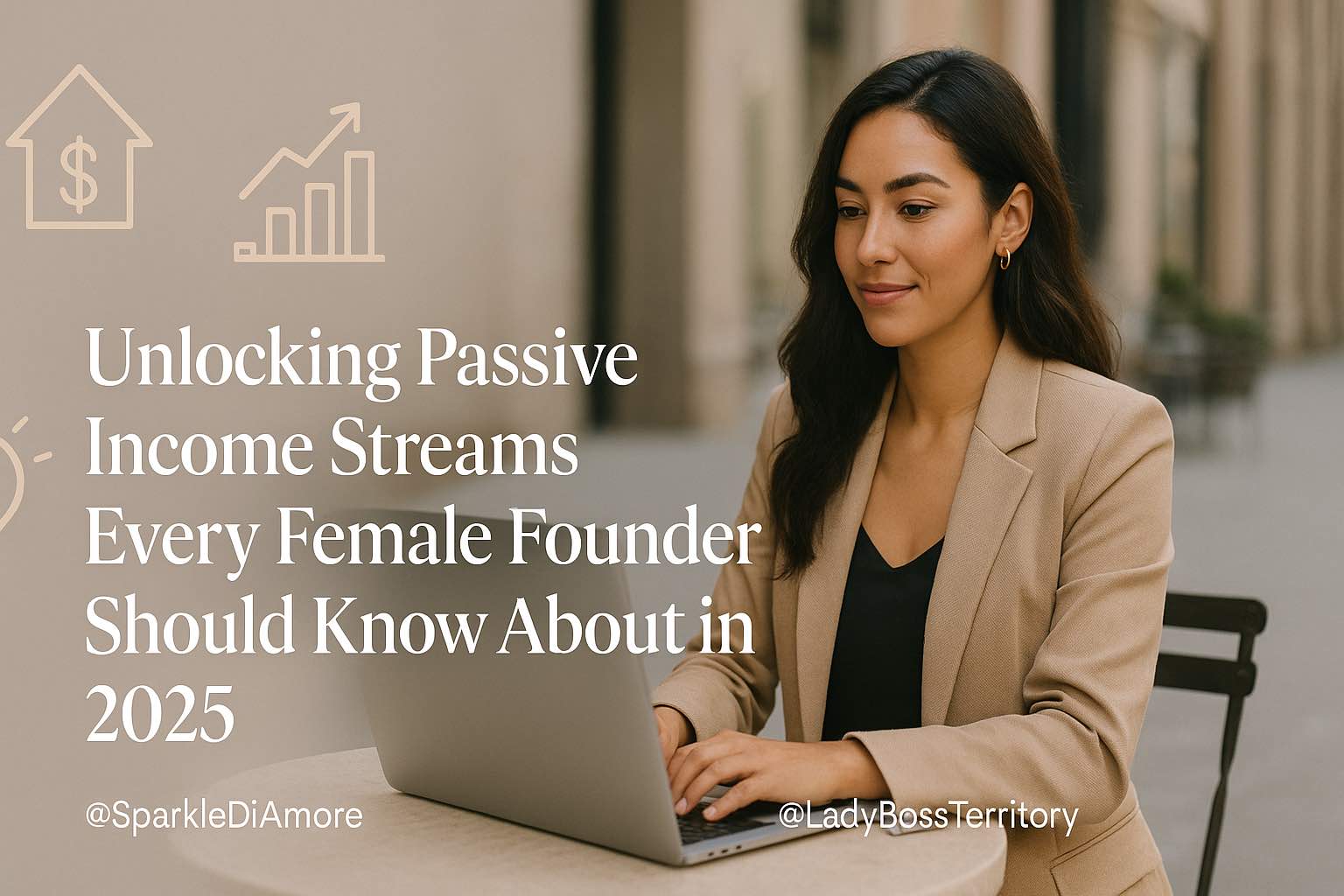 Female entrepreneur working on a laptop in an urban setting, highlighting passive income opportunities for female founders in 2025.
