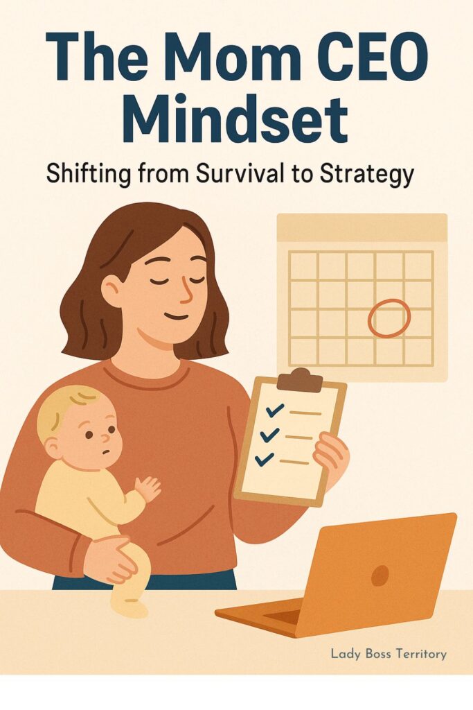 Illustration of a mom holding a baby and checklist while working on her CEO strategy mindset