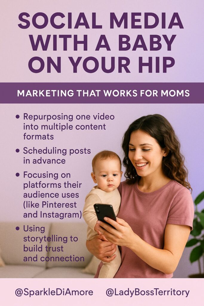 Smiling mom holding baby and phone while managing social media content
