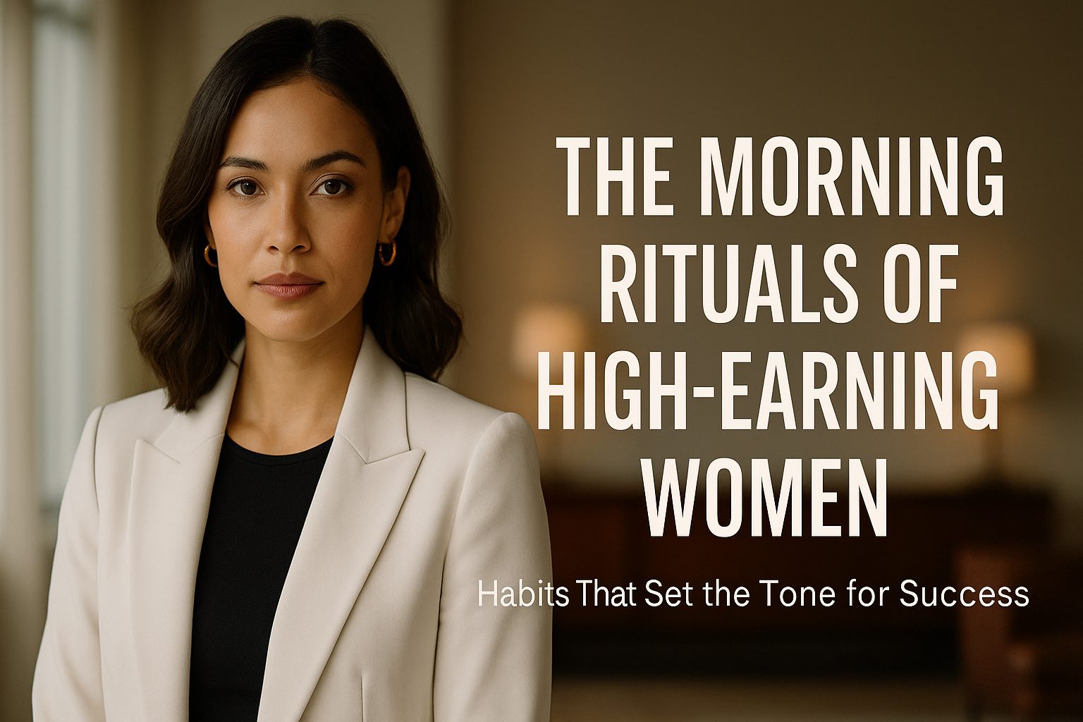 Confident businesswoman in a chic white blazer representing morning rituals of high-earning women and success habits.
