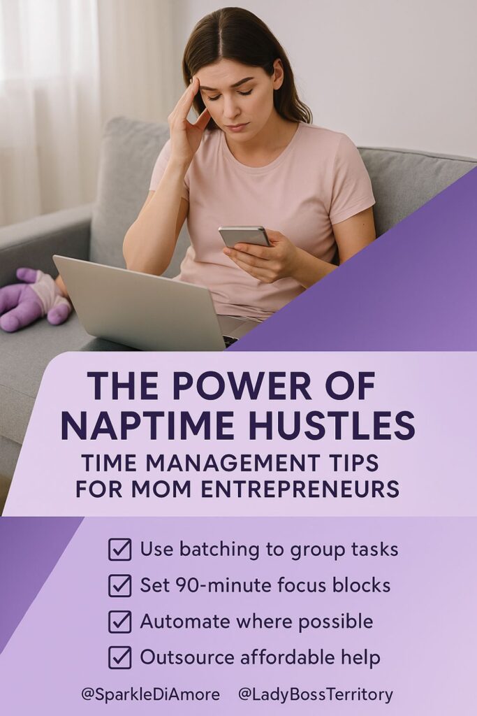 Mom entrepreneur managing business during baby’s nap time with phone and laptop