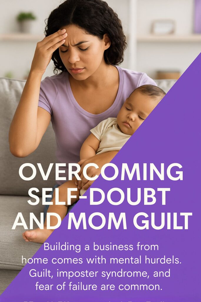 Stressed mom holding sleeping baby, struggling with self-doubt and mom guilt