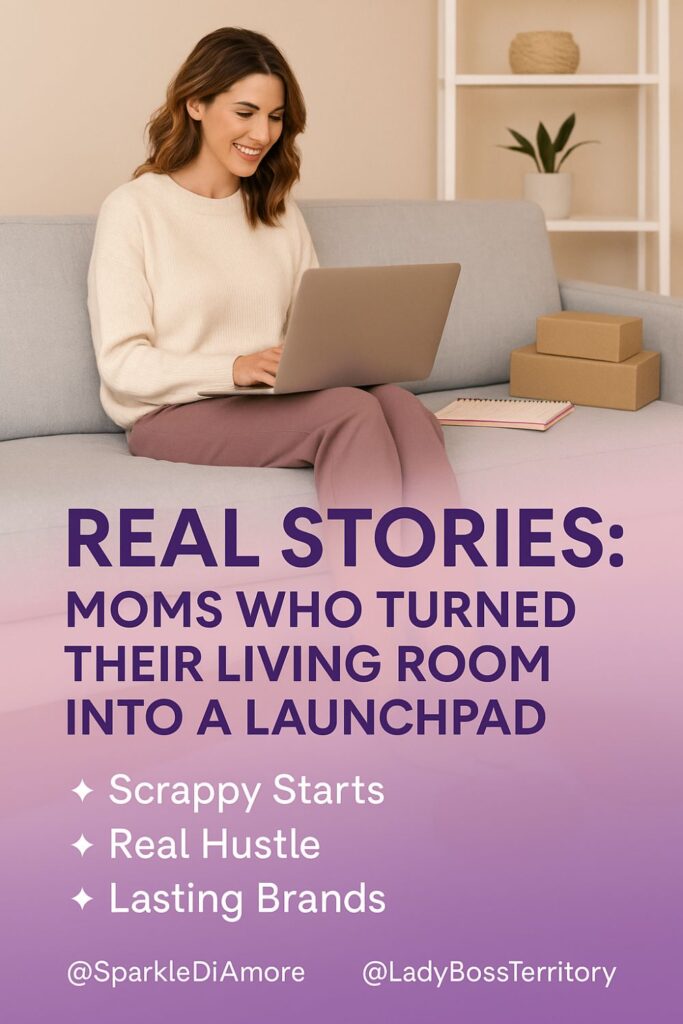 Smiling mom working on laptop from couch with packaging boxes, symbolizing her business journey