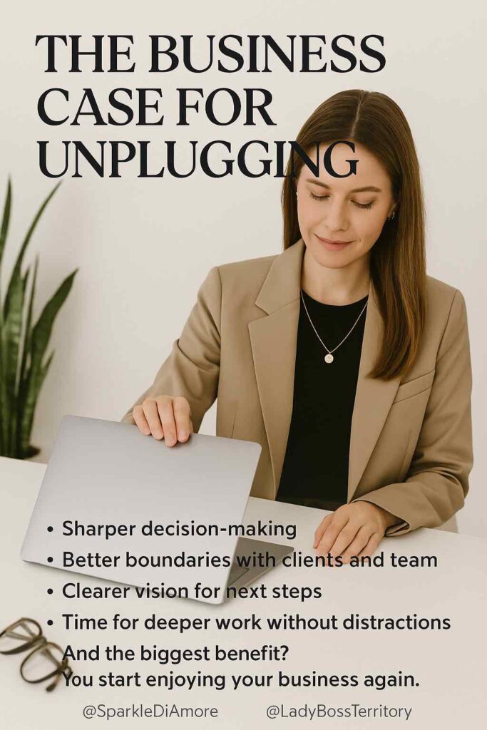 Woman entrepreneur closing her laptop, symbolizing the benefits of unplugging from digital devices for better business performance