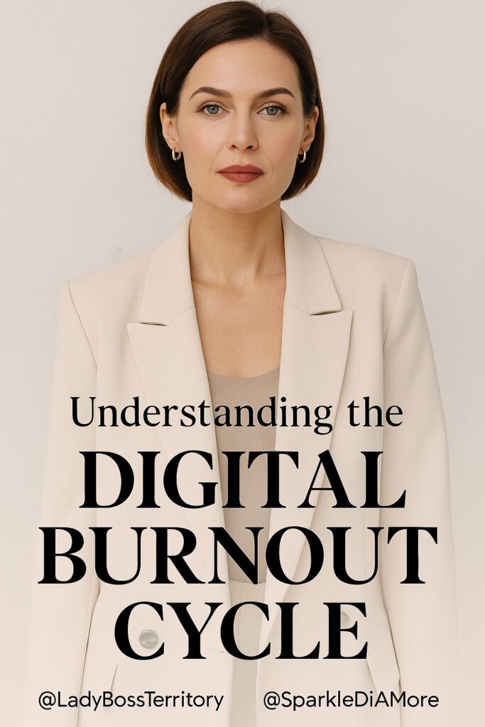 Confident female entrepreneur in a cream blazer, representing awareness of the digital burnout cycle