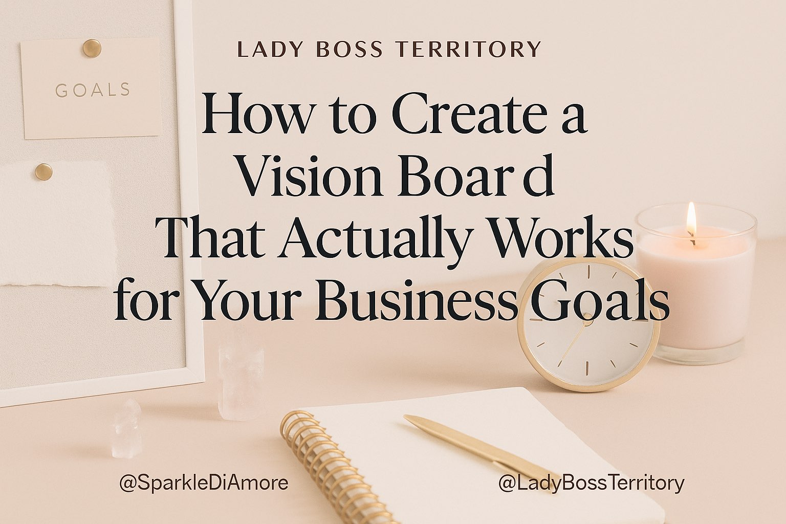 Vision board setup for business goals with candle, clock, notebook, and minimalist workspace