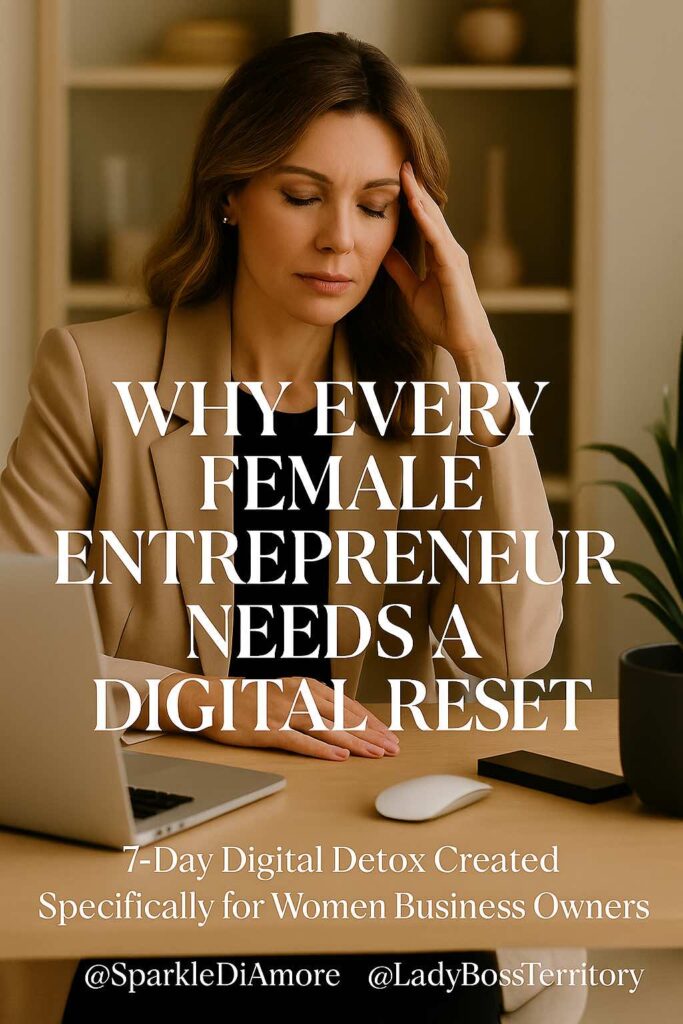 Female entrepreneur feeling stressed at her desk, highlighting the need for a digital reset to regain focus