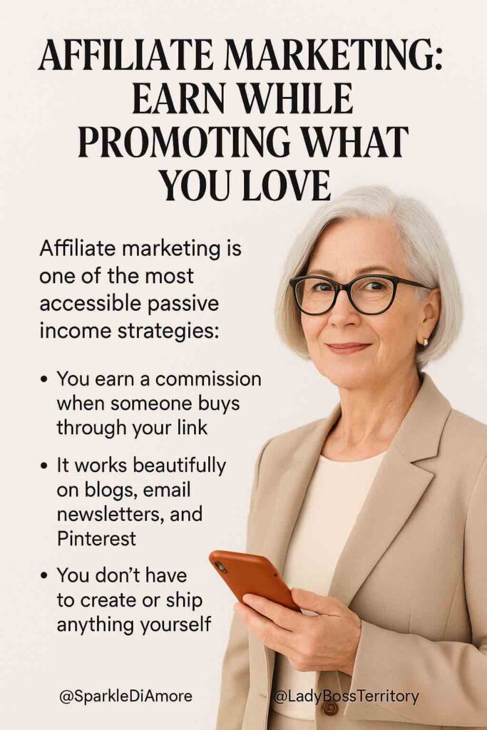 Confident mature female entrepreneur holding a phone and discussing affiliate marketing as a passive income strategy.