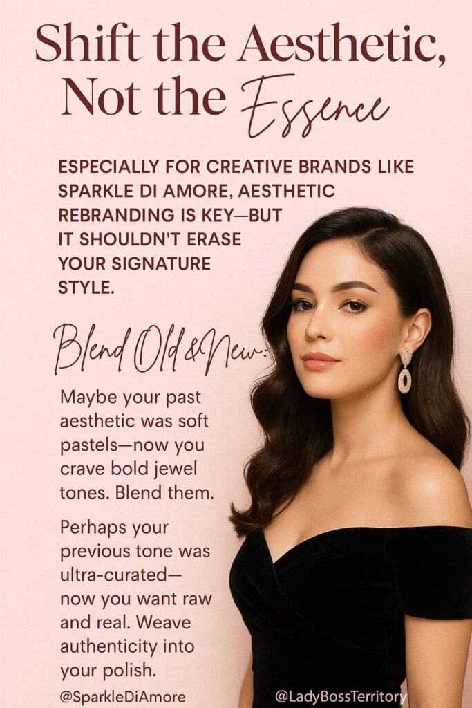 Elegant woman in a black dress with brand rebranding advice — blend new visual styles with your core identity during a creative brand refresh.