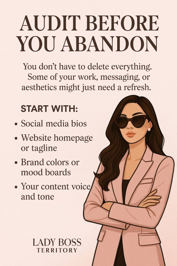 Illustration of a confident woman in sunglasses with branding tips on auditing content and visuals before rebranding after burnout.