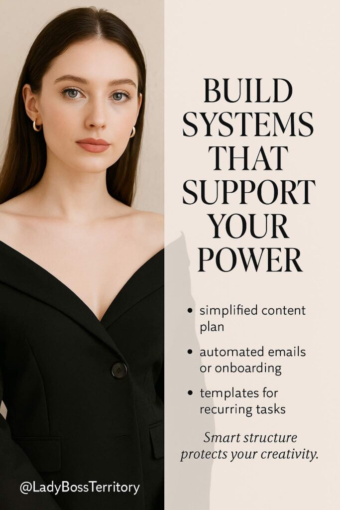 Confident female entrepreneur in a black off-shoulder blazer, sharing strategies to build systems that support leadership and creativity.
