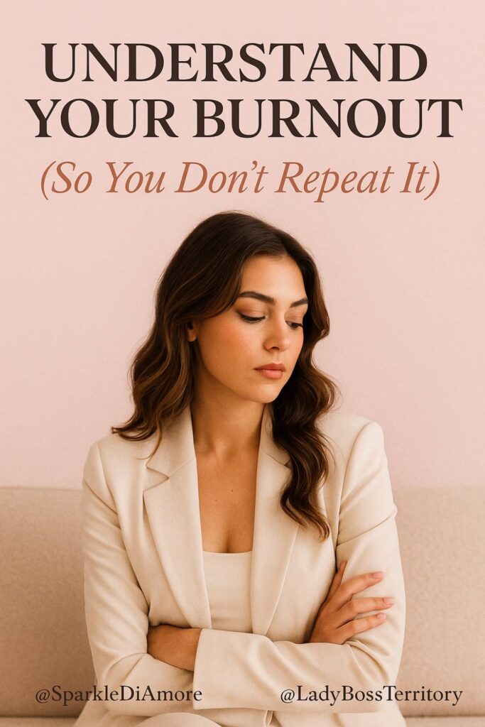 Thoughtful woman in a neutral suit reflecting on burnout recovery and rebranding her business with renewed clarity.
