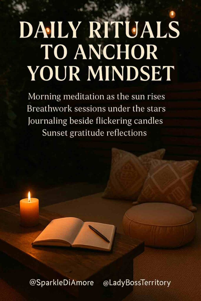 Outdoor meditation setup at night with journal, candle, floor cushion, and pillows—perfect for mindfulness rituals and gratitude journaling.