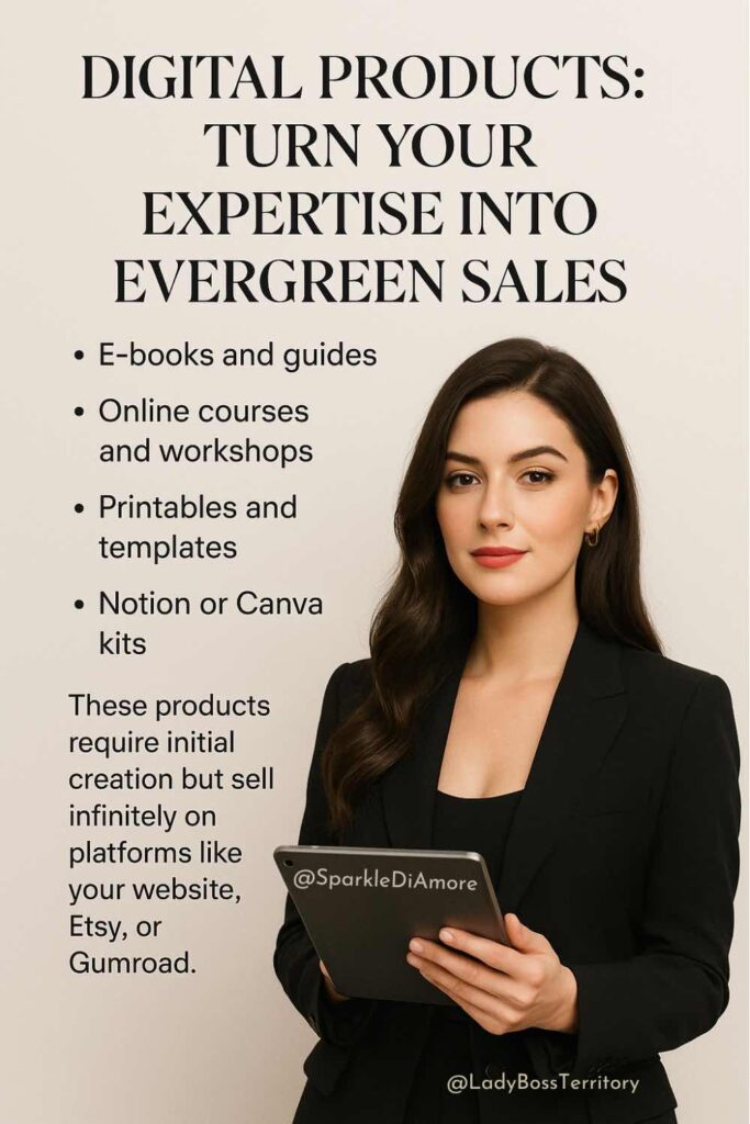 Female entrepreneur holding a digital tablet and showcasing strategies for creating digital products to generate passive income.
