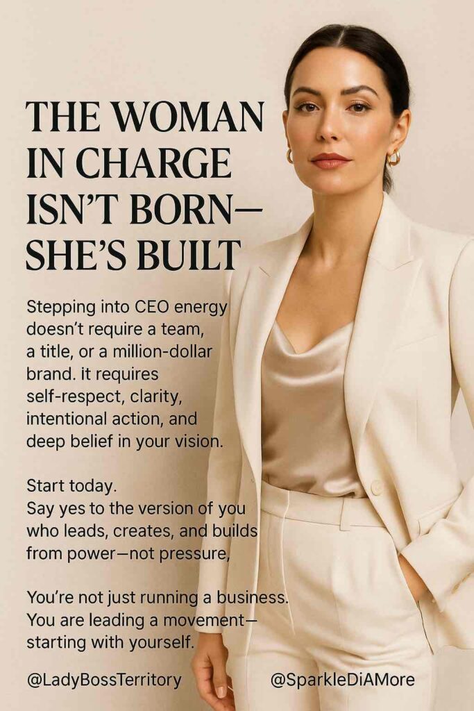 Confident female entrepreneur in an elegant cream suit standing poised against a neutral backdrop, emphasizing the importance of self-built leadership for women CEOs.