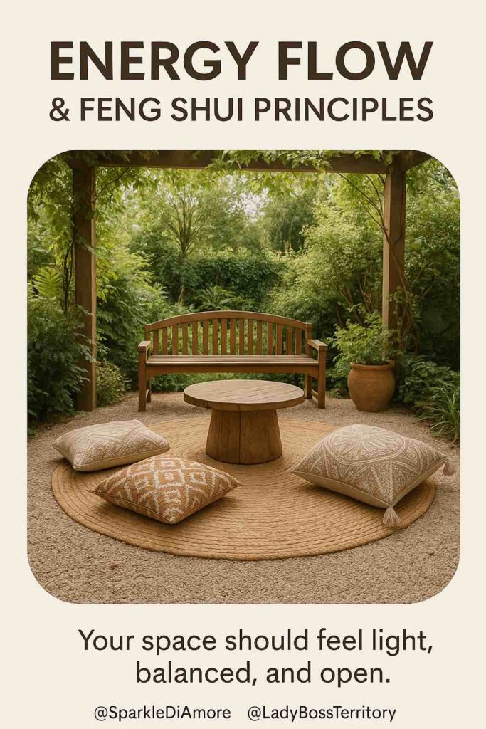 Balanced outdoor meditation space with round rug, wooden bench, low table, and pillows arranged in harmony with Feng Shui principles.