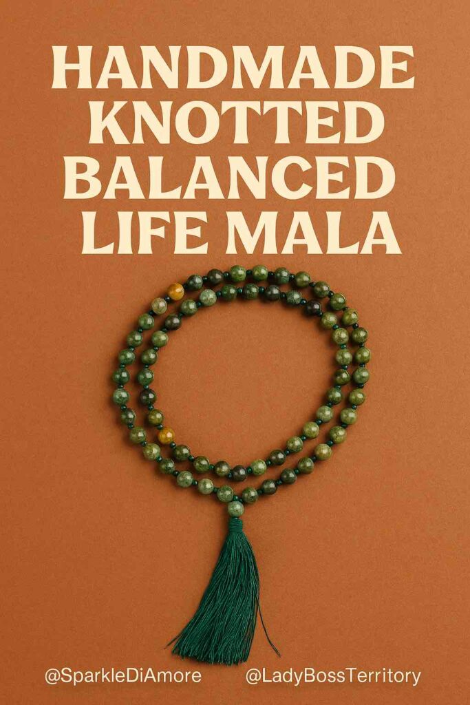 Handmade green gemstone mala necklace with tassel, designed for balance, mindfulness, and meditation rituals.