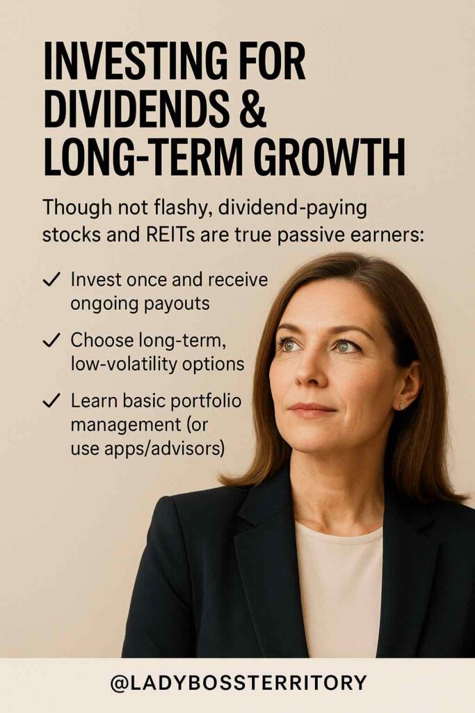 Professional woman presenting strategies for investing in dividends and long-term growth to create passive income streams.