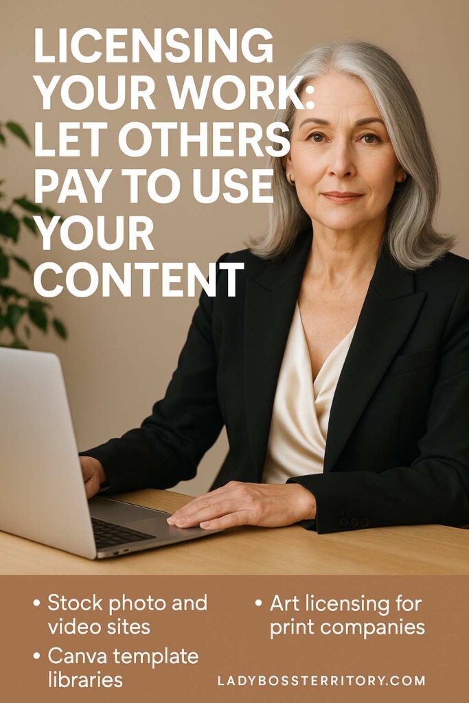 Confident older woman in a professional setting working on a laptop, representing licensing content as a passive income strategy.