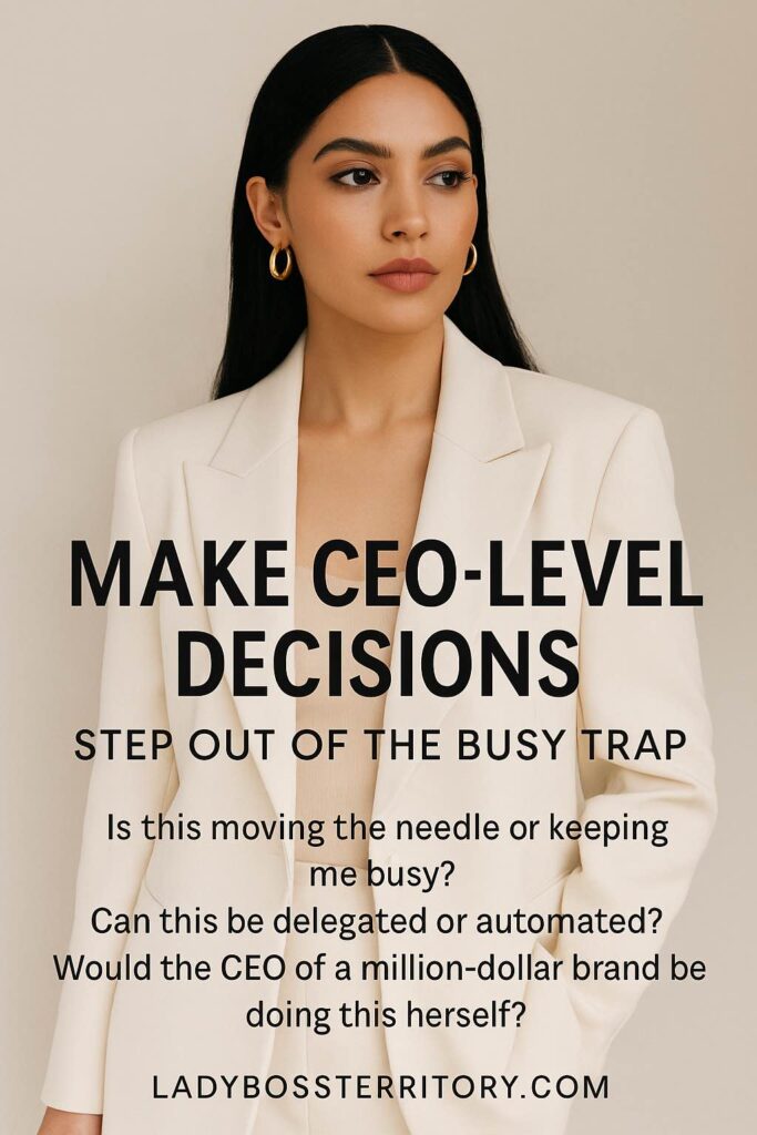Confident female entrepreneur in a white blazer, highlighting decision-making strategies to step out of the busy trap and think like a CEO.
