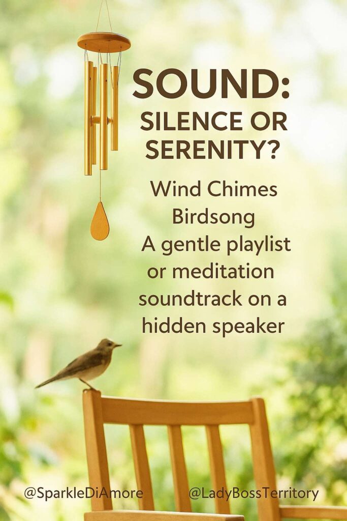 Wind chimes and a bird perched on a wooden chair in a peaceful garden, suggesting natural and gentle sound options for meditation.