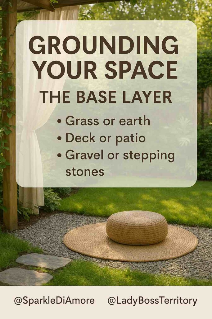Outdoor meditation setup showing a straw cushion on a woven mat placed on gravel with stepping stones, surrounded by grass and greenery.