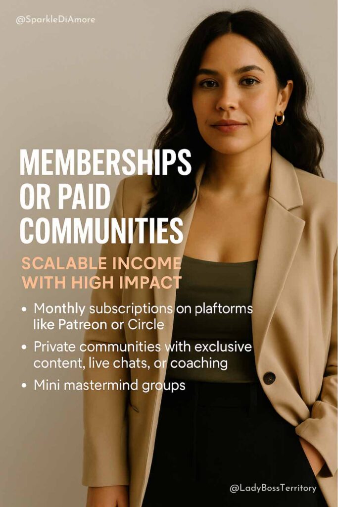Professional woman in beige blazer discussing scalable income strategies through memberships and paid communities, including platforms like Patreon or Circle.