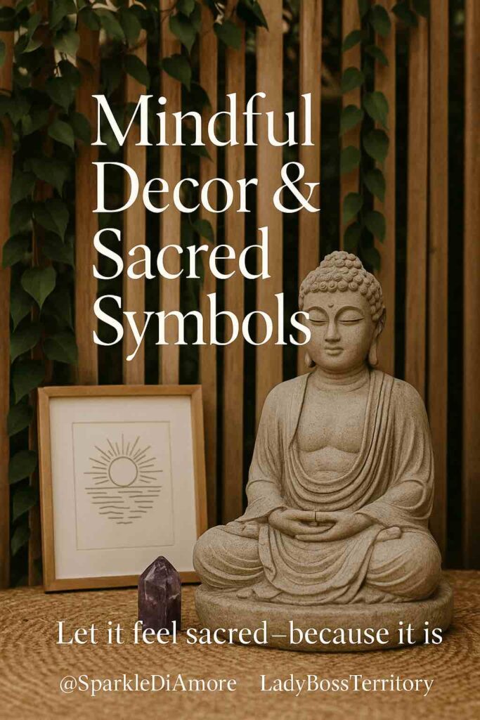 Outdoor meditation altar with a Buddha statue, amethyst crystal, and framed spiritual art promoting sacred ambiance.