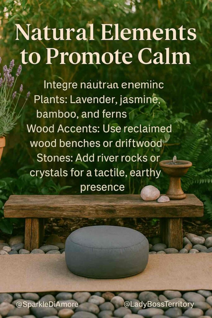 Outdoor meditation setup with a wooden bench, zafu cushion, crystals, river stones, and lavender for a calming natural ambiance.