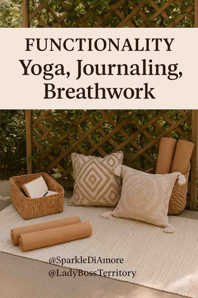 Outdoor wellness corner with yoga mats, woven baskets, journals, and decorative pillows for breathwork, journaling, and meditation.