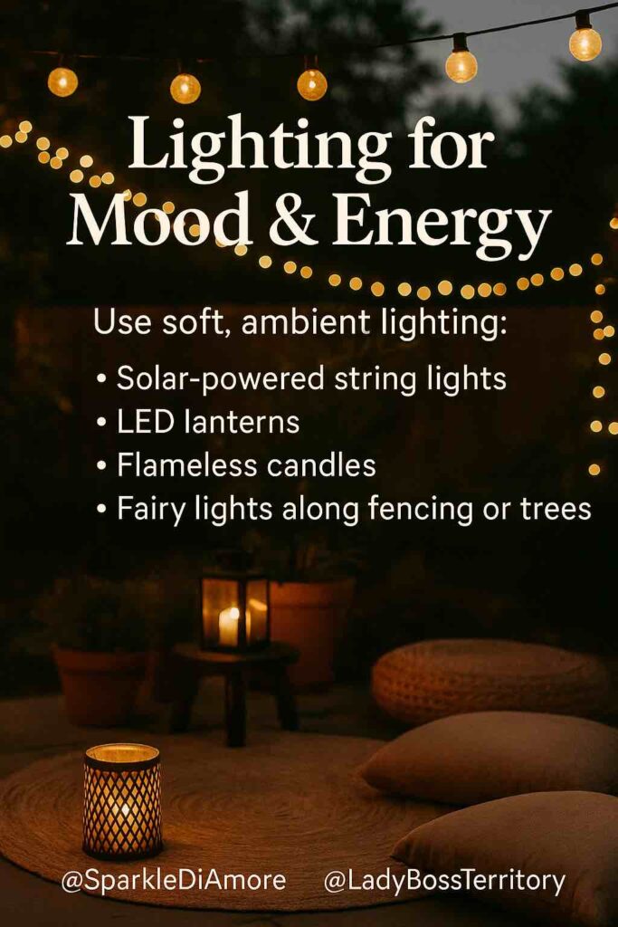 Ambient outdoor meditation space with string lights, flameless candles, and lanterns creating a peaceful nighttime atmosphere.