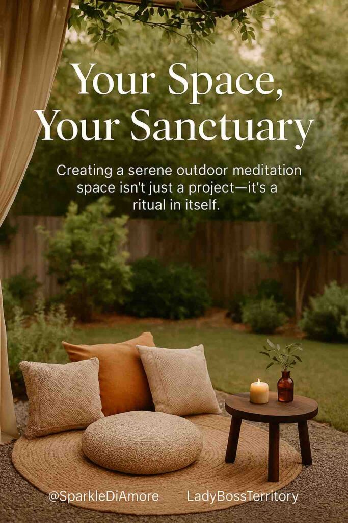 Tranquil outdoor meditation setup with round cushion, throw pillows, small candle-lit table, and backyard greenery.