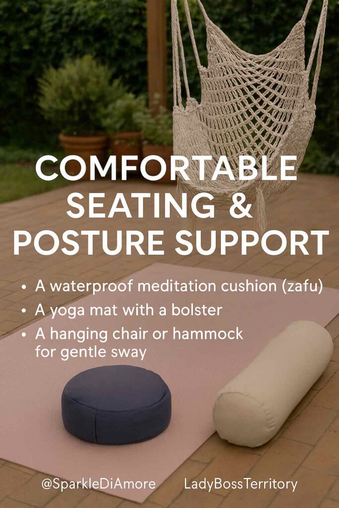Outdoor meditation setup with a blue zafu cushion, white bolster on a yoga mat, and a hanging hammock chair on a deck.