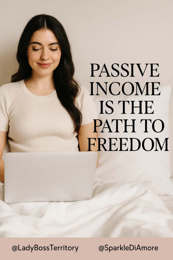 Smiling woman sitting comfortably on bed with laptop, highlighting passive income as the key to financial freedom.